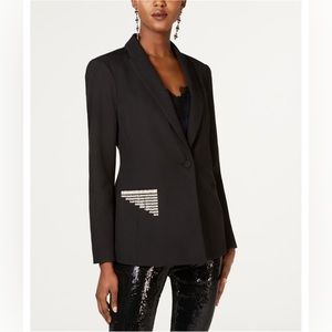 I-N-C Womens Rhinestone Trim One Button Blazer Jacket, Black, Medium